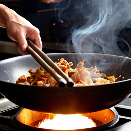 Home 11 ** A close-up of a chef expertly tossing ingredients in a carbon steel wok over a high-flame gas stove, capturing the "wok hei" essence with visible smoke and caramelization.
**
