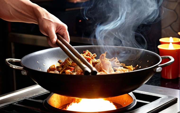 ** A close-up of a chef expertly tossing ingredients in a carbon steel wok over a high-flame gas stove, capturing the "wok hei" essence with visible smoke and caramelization.
**