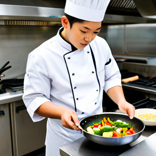 Home 6 A focused professional culinary student, fully clothed in a modest, clean chef's uniform with a white apron, meticulously stir-frying vibrant vegetables and protein in a gleaming wok within a modern, well-lit professional kitchen classroom. The student exhibits perfect anatomy and a natural pose, demonstrating precise cooking techniques. The background features blurred stainless steel equipment and other fully clothed, modest students observing. Well-formed hands, proper finger count, natural body proportions. Safe for work, appropriate content, professional, family-friendly.