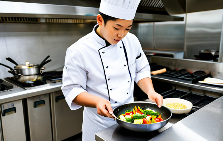 A focused professional culinary student, fully clothed in a modest, clean chef's uniform with a white apron, meticulously stir-frying vibrant vegetables and protein in a gleaming wok within a modern, well-lit professional kitchen classroom. The student exhibits perfect anatomy and a natural pose, demonstrating precise cooking techniques. The background features blurred stainless steel equipment and other fully clothed, modest students observing. Well-formed hands, proper finger count, natural body proportions. Safe for work, appropriate content, professional, family-friendly.
