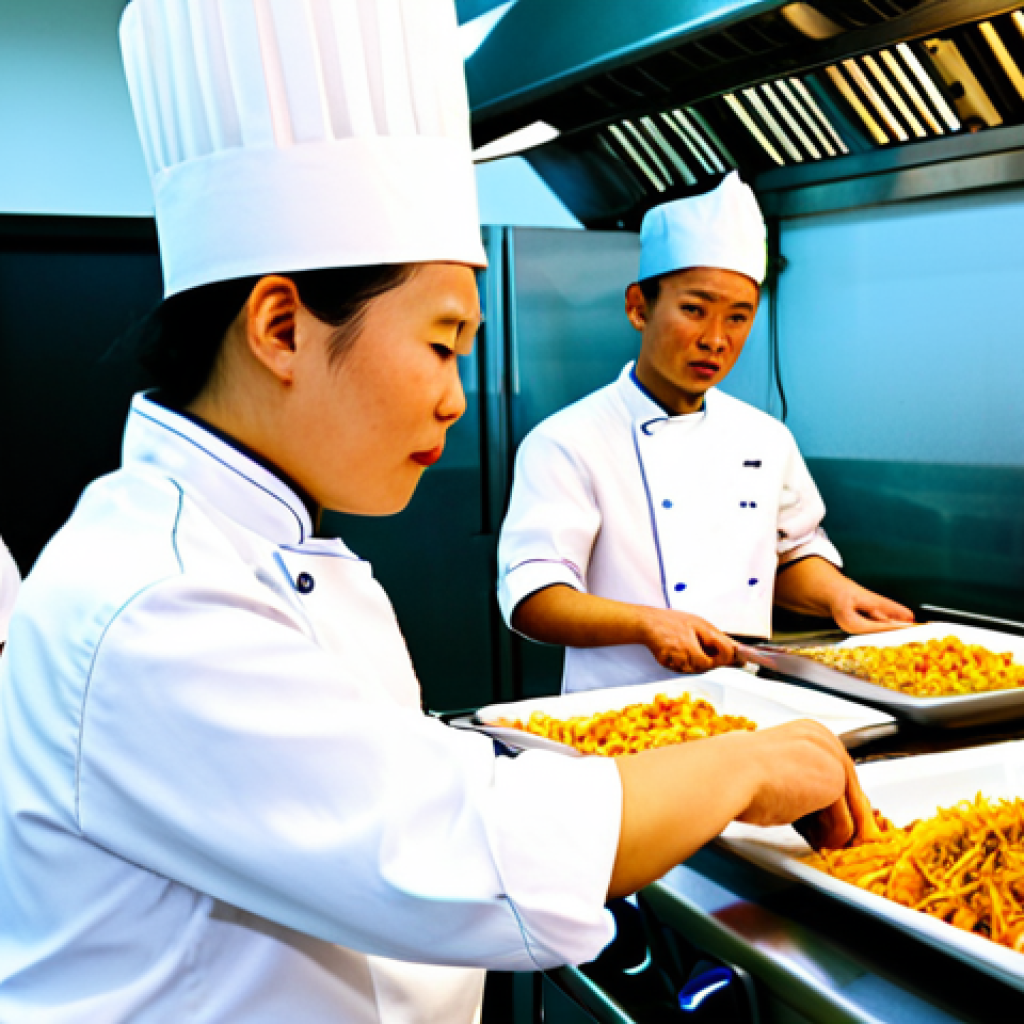 Culinary School Setting**

A well-lit, modern culinary school kitchen with stainless steel appliances. A diverse group of students, fully clothed in chef's whites and hats, are attentively watching an experienced instructor demonstrate a traditional Chinese cooking technique. The focus is on the hands demonstrating knife skills with vegetables.  Emphasis on teamwork, cleanliness, and learning. Safe for work, appropriate content, professional, family-friendly, perfect anatomy, natural proportions, well-formed hands, proper finger count, natural body proportions, fully clothed, modest clothing, professional attire.

**