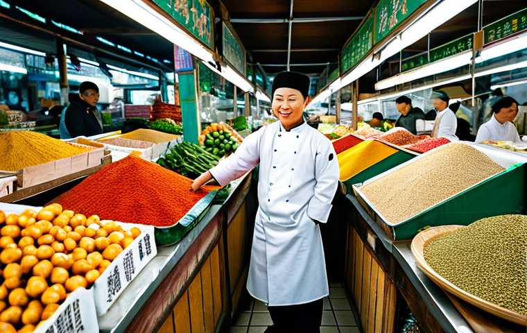 Authentic Ingredients at a Local Asian Market**

"A vibrant and bustling Asian market scene, overflowing with fresh produce and colorful spices. A professional chef, fully clothed in a clean chef's coat, carefully examines ingredients. Stalls are filled with authentic Chinese cooking staples like soy sauce, ginger, and exotic vegetables. Focus on detail and textures. Safe for work, appropriate content, family-friendly, perfect anatomy, natural pose, professional photography, high quality, fully clothed, modest clothing."

**