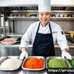 중식조리 자격증 시험장에서 유의할 점 - A professional cooking exam station featuring a neatly organized countertop with small labeled conta...