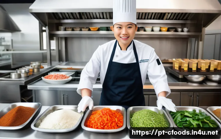 중식조리 자격증 시험장에서 유의할 점 - A professional cooking exam station featuring a neatly organized countertop with small labeled conta...