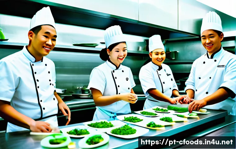 중식조리 자격증 취득 비용 - A modern culinary classroom in S&atilde;o Paulo with diverse adult students wearing chef uniforms and apron...