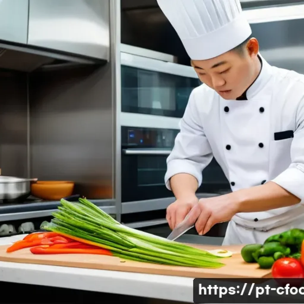 중식조리 자격증 실기 채점 기준 - A professional Chinese chef in a modern kitchen, skillfully chopping fresh vegetables into uniform s...