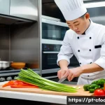 Home 22 중식조리 자격증 실기 채점 기준 - A professional Chinese chef in a modern kitchen, skillfully chopping fresh vegetables into uniform s...