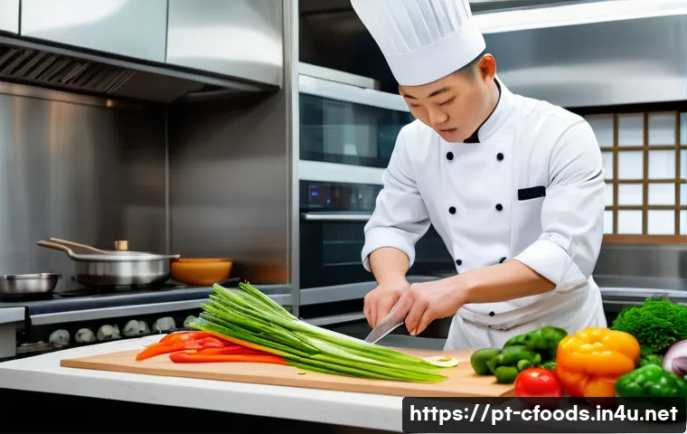 중식조리 자격증 실기 채점 기준 - A professional Chinese chef in a modern kitchen, skillfully chopping fresh vegetables into uniform s...