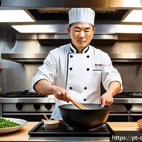 Home 32 중식조리 자격증 취득 과정 다이어리 - A vibrant and detailed Chinese kitchen scene showcasing a chef preparing a traditional stir-fry dish...