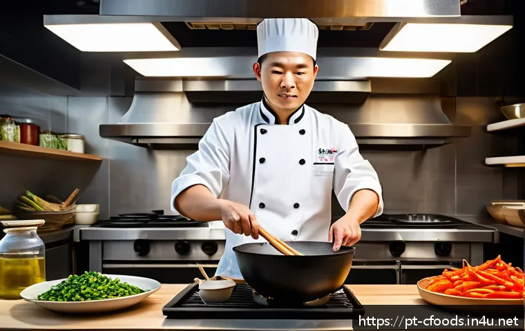 중식조리 자격증 취득 과정 다이어리 - A vibrant and detailed Chinese kitchen scene showcasing a chef preparing a traditional stir-fry dish...