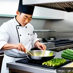 Home 18 중식조리 자격증 최신 출제 경향 - A modern Chinese kitchen scene showcasing a chef skillfully performing traditional stir-fry techniqu...
