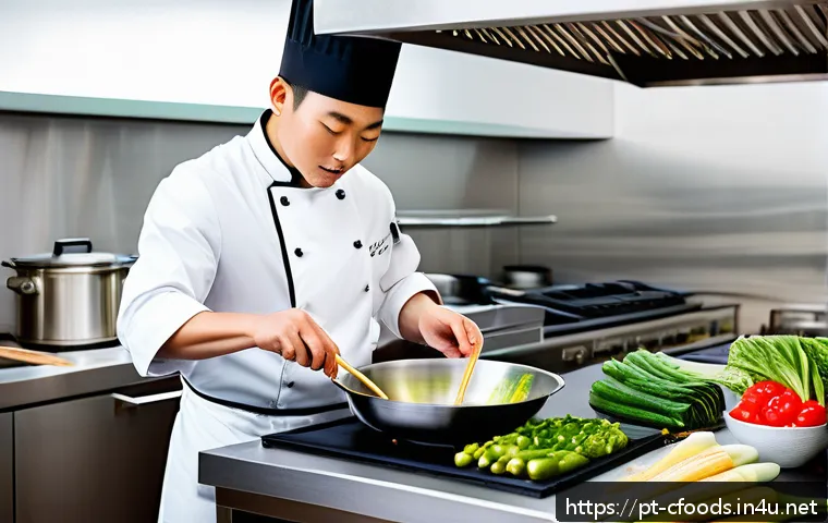 중식조리 자격증 최신 출제 경향 - A modern Chinese kitchen scene showcasing a chef skillfully performing traditional stir-fry techniqu...