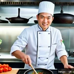 Home 23 중식조리 자격증과 셰프의 경력 개발 - A professional chef in a modern kitchen skillfully stir-frying vegetables and meat in a traditional ...