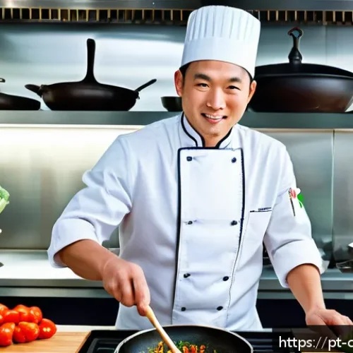 Home 17 중식조리 자격증과 셰프의 경력 개발 - A professional chef in a modern kitchen skillfully stir-frying vegetables and meat in a traditional ...