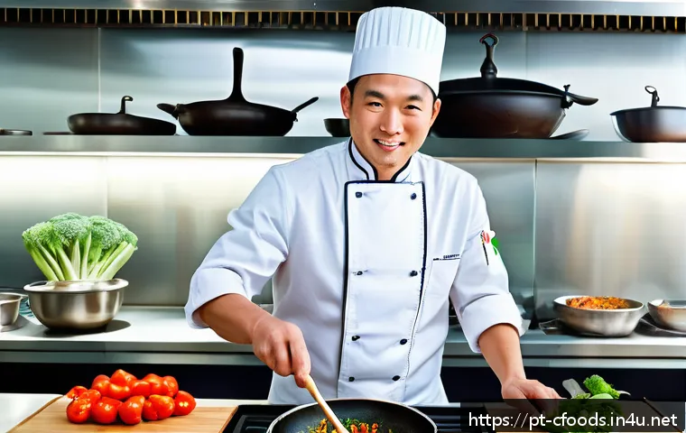 중식조리 자격증과 셰프의 경력 개발 - A professional chef in a modern kitchen skillfully stir-frying vegetables and meat in a traditional ...