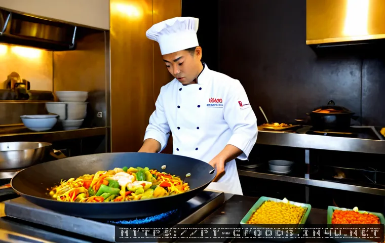 Home 17 중식조리 자격증으로 할 수 있는 일 - Photorealistic Chinese cuisine chef in a modern Lisbon restaurant kitchen, confidently stir-frying c...